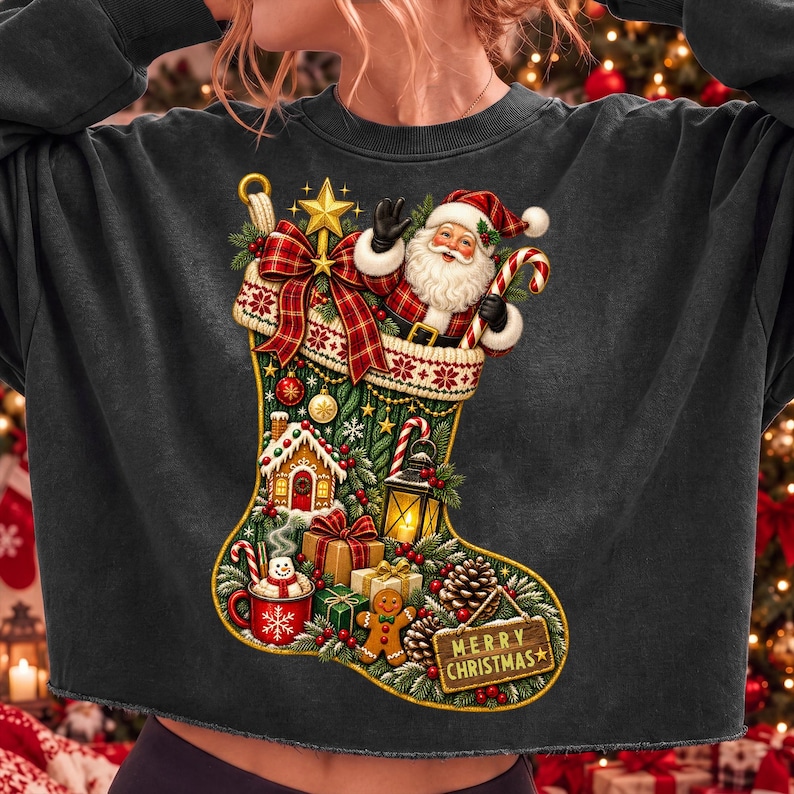 Vintage Christmas Stocking PNG with Santa Claus and festive decorations.