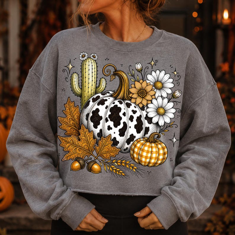 Puede incluir: Una sudadera gris carb&oacute;n de cuello redondo con un estampado gr&aacute;fico de una calabaza con manchas de vaca, una calabaza a cuadros amarillos, un cactus verde, hojas de oto&ntilde;o naranjas, bellotas y margaritas blancas y amarillas con estrellas.