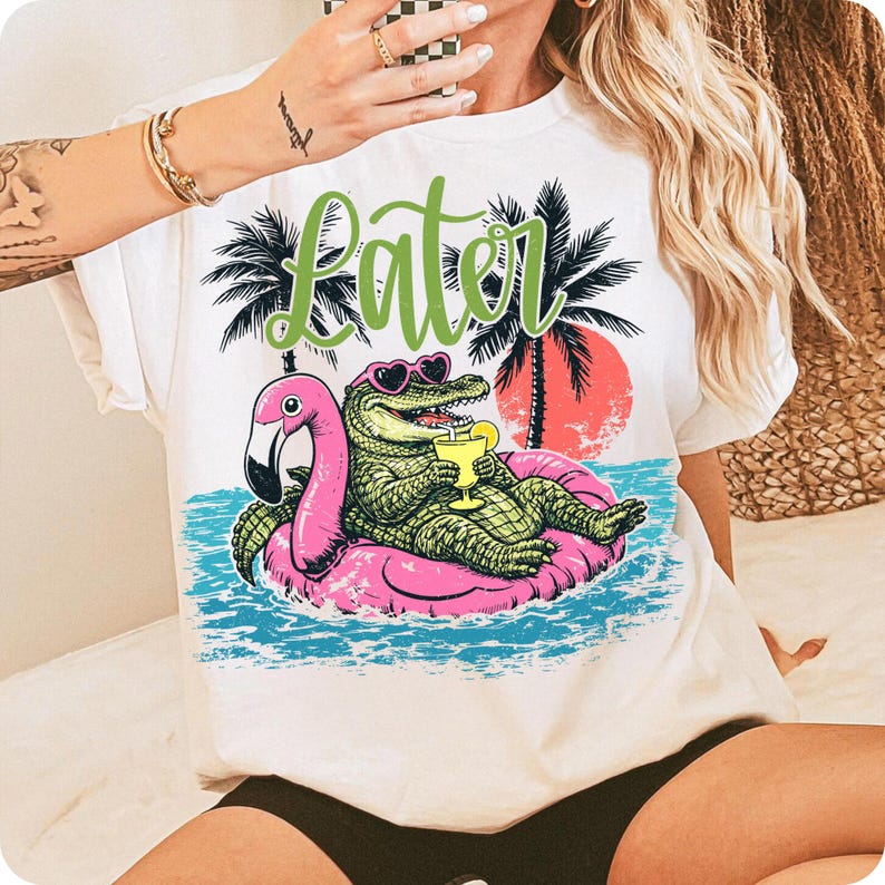 Collection of items featuring the Later Gator design, including a mug, t-shirt, and tote bag, showcasing sublimation possibilities.
