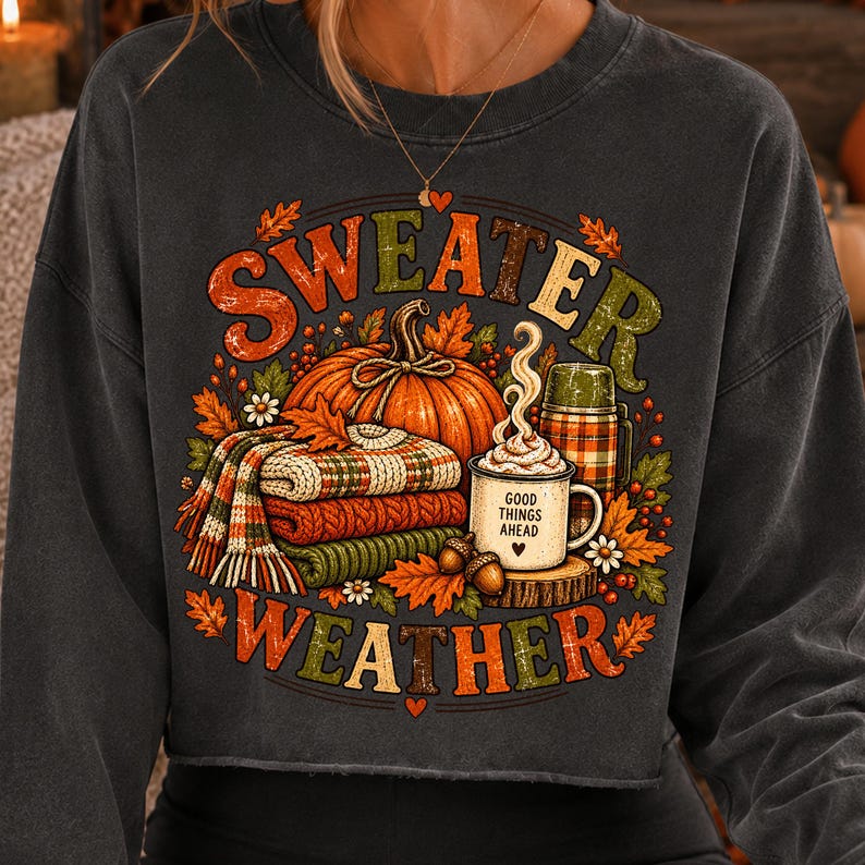 Sweater Weather Pumpkin Autumn PNG design on a cozy fall sweatshirt mockup