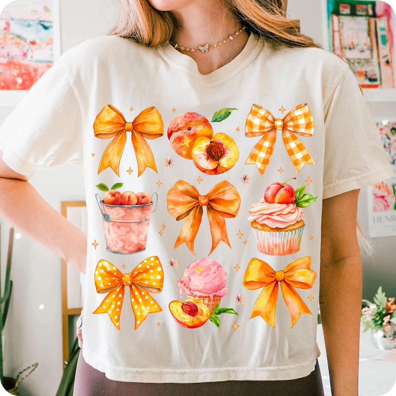 Coquette Summer Peach PNG, Preppy Floral Bow Design, Sweet Summertime Sublimation, Trendy Just Peachy Shirt for Girly Cottagecore Vibes