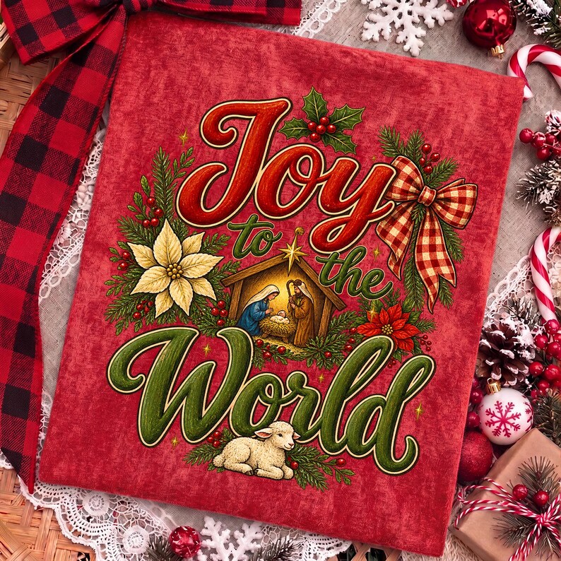 Może przedstawiać: Czerwony kwadratowy kawałek materiału z napisem Joy to the World czerwoną i zieloną kursywą. Wz&oacute;r przedstawia scenę narodzin w stajence, białą gwiazdę betlejemską, owoce ostrokrzewu, gałązki sosny, kokardę w kratę oraz małe białe jagnię.