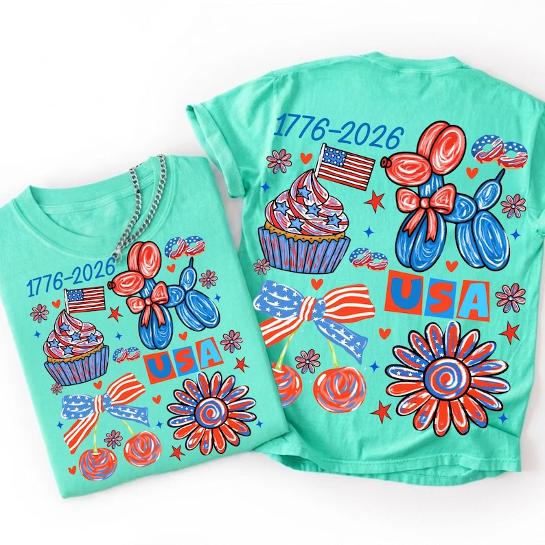 America 250th Retro 4th of July Sublimation Design with Coquette Bow and USA Balloon Dog