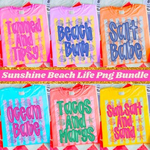 Sunshine Beach Life PNG Bundle Coastal Girls Trip Sublimation Design Summer Shirt Marine Life Tanned Striped PNG Neon Beach Vibes