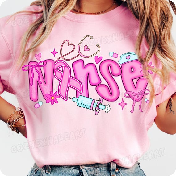 Nurse Pink Ribbon Sublimation Design: Breast Cancer Awareness Digital Download PNG