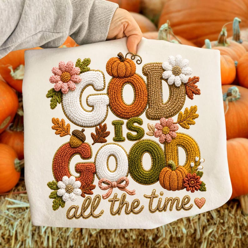 Mug displaying the 'God Is Good All The Time' patchwork pumpkin design, perfect for fall season.