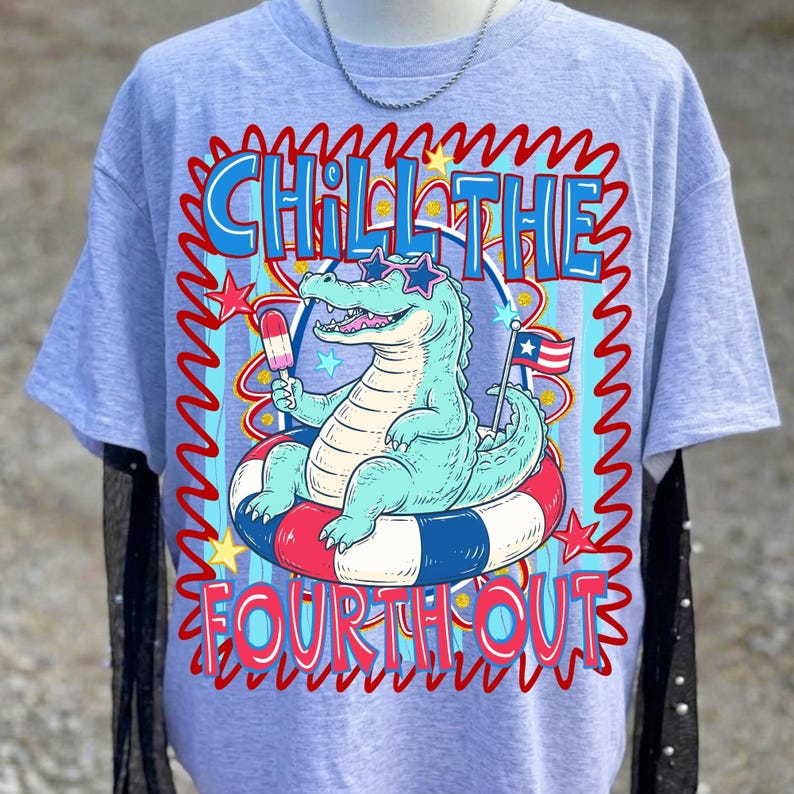 Close-up of the vibrant red, white, and blue colors in the 'Chill The Fourth Out' patriotic alligator digital design