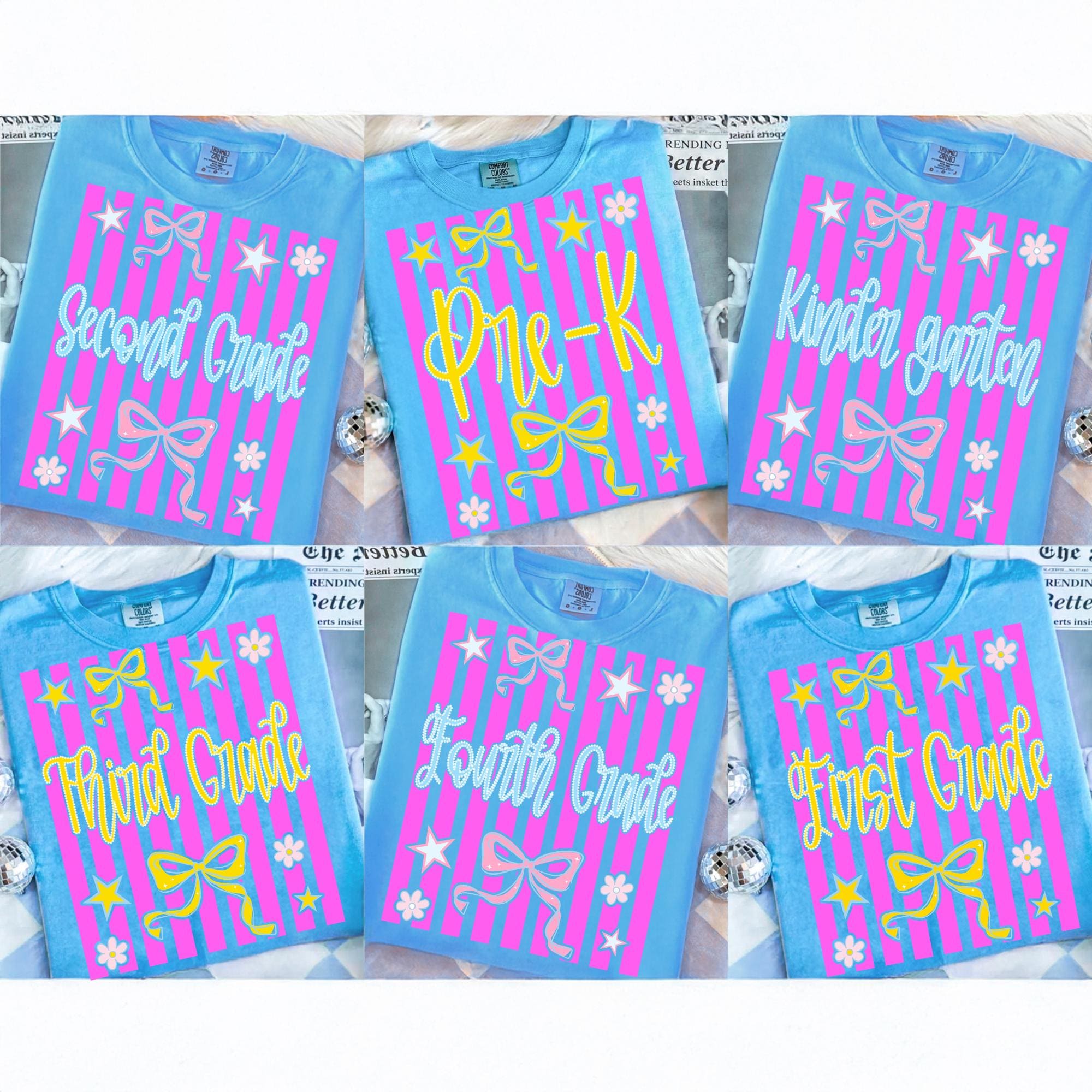 Neon Pink Striped School Grade Level PNG Bundle, Teacher Bow ...