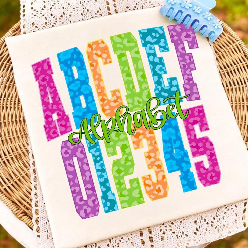 Custom varsity letter t-shirt using Neon Leopard PNG design