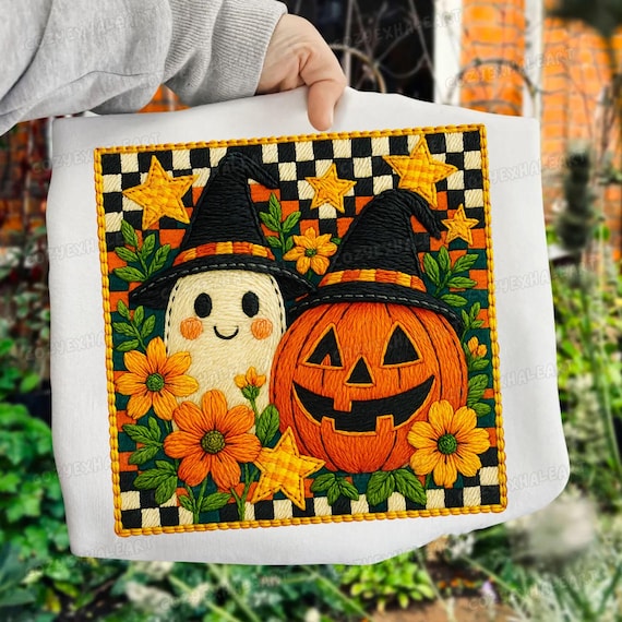 Preppy Ghost Pumpkin PNG: Floral Patchwork Halloween Clipart (Digital Download
