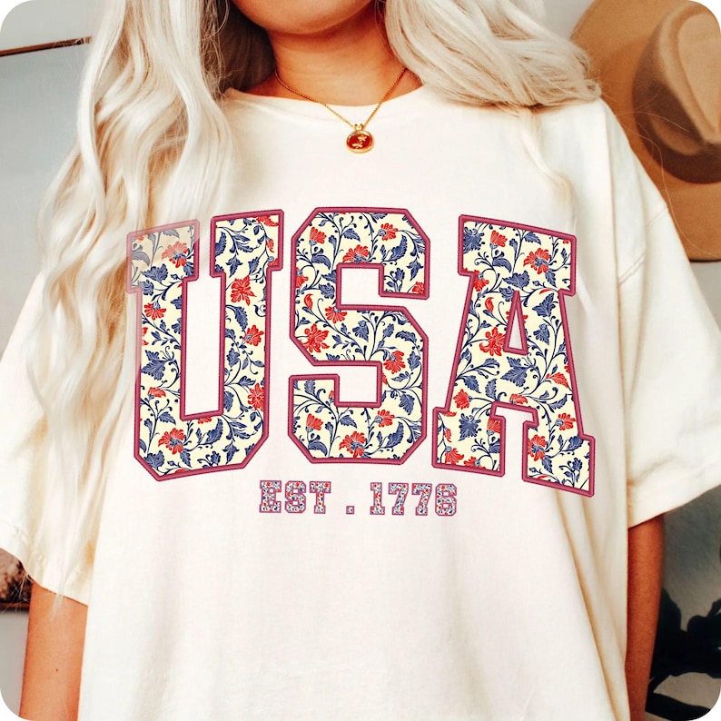 Floral USA PNG, Retro America 4th of July Sublimation, Girly Patriotic Shirt Design, America Coquette, Vintage USA Flag Digital