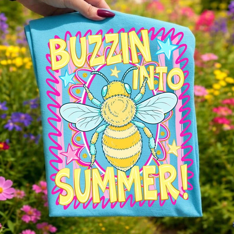 Close-up of the 'Buzzin Into Summer' retro bee design, highlighting its sharp details and vibrant colors for digital download.