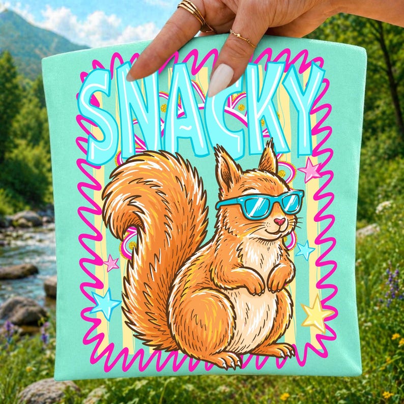 Close-up of the Snacky Squirrel digital design showcasing the retro aesthetic and vibrant colors.