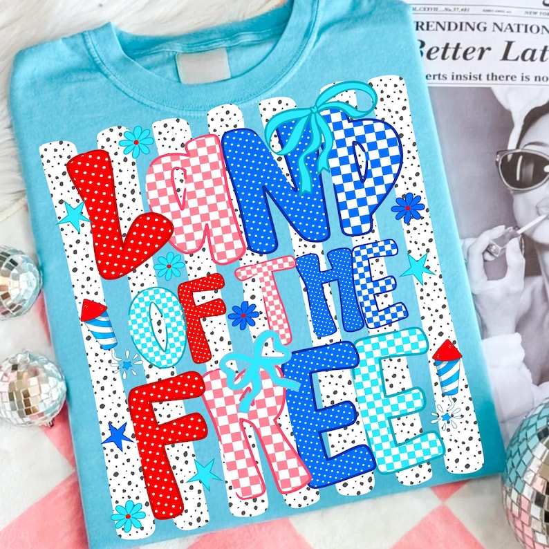 Land of the Free Coquette Bow Patriotic PNG design with ditsy floral and stripe patterns, perfect for 4th of July sublimation.