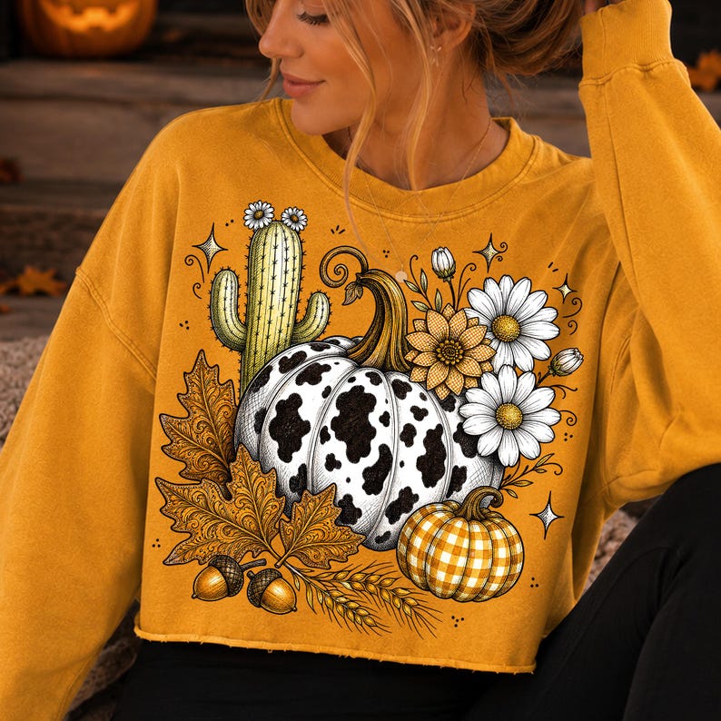Puede incluir: Una sudadera de cuello redondo color amarillo mostaza con un estampado gr&aacute;fico de una calabaza con manchas de vaca, una calabaza m&aacute;s peque&ntilde;a a cuadros amarillos, un cactus verde con flores blancas, hojas de arce, bellotas y margaritas blancas.