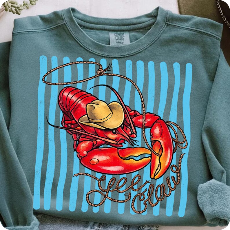 Gestreepte Yee Claw Lobster PNG Cowboy Kreeft Shirt Design Western Coastal Blauw Gestreepte Zeedieren Langoesten Lasso Nautische Cowboy Sublimatie afbeelding 10