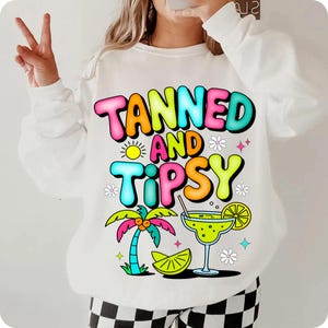 Tanned and Tipsy PNG, Funny Retro Summer Sublimation Design, Coquette Beach Vibes Clipart, Margarita Girls Trip Preppy Aesthetic