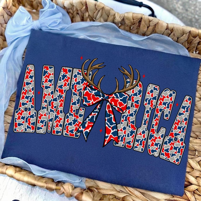 Image of Retro Camo America PNG 4th of July Sublimation Design Deer Hunting Bow Patriotic USA Independence Day Digital Download Coquette Western