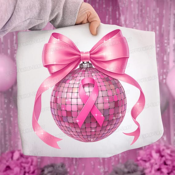 Pink Ribbon Disco Ball PNG: Breast Cancer Awareness Clipart for October Sublimation Design & Survivor Gifts