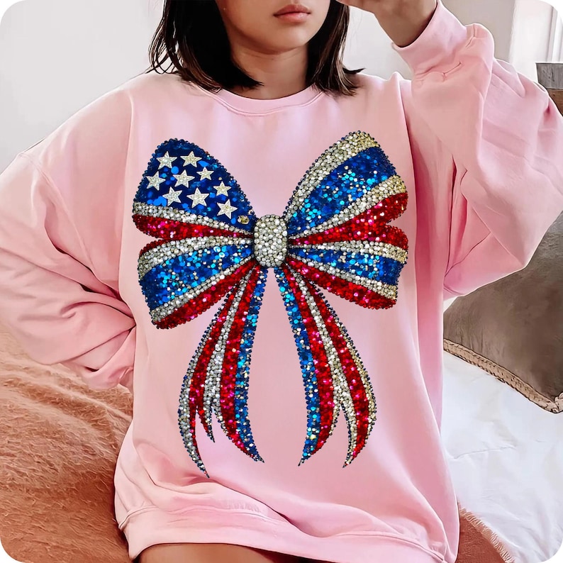 Sparkle with pride! This Faux Rhinestone USA Coquette Bow PNG features red, white & blue stars in a trendy girly style—perfect for 4th of July, Memorial Day, or American-themed designs. Great for shirts, totes, or patriotic party crafts!