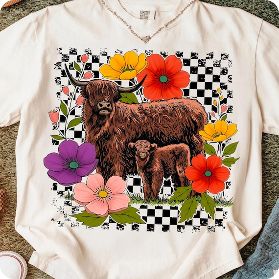 Floral Checkered Cow PNG: Wildflower Sublimation Design Digital Download for Country Lovers