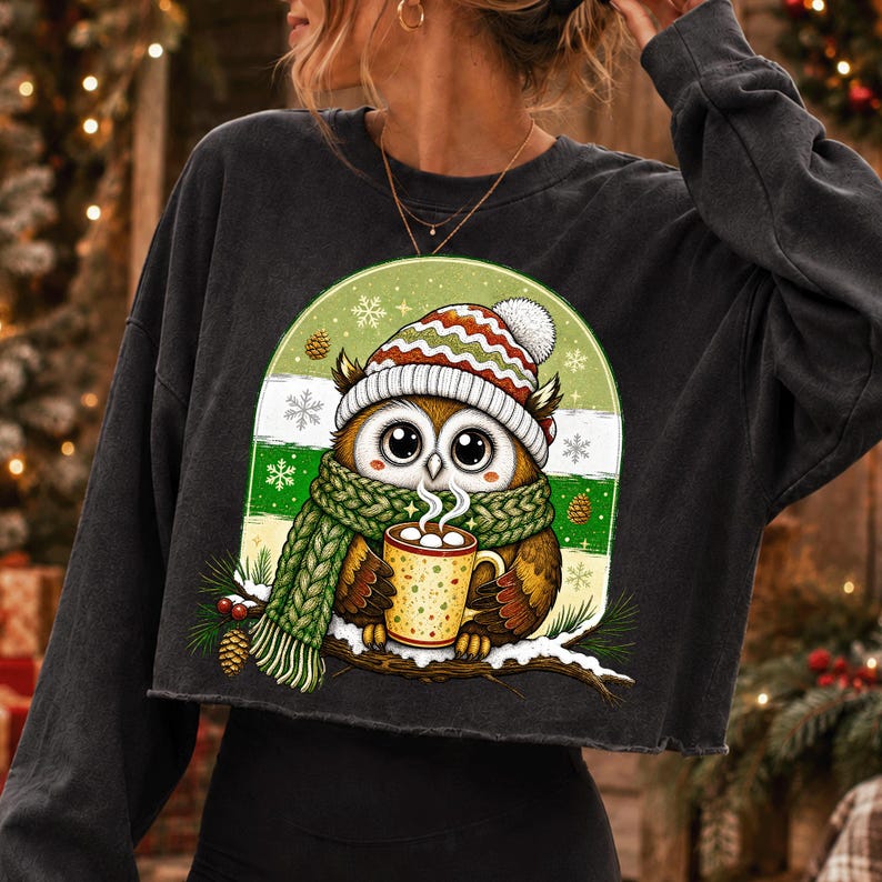 May include: A charcoal gray cropped sweatshirt featuring a graphic of a brown owl wearing a red, white, and green striped knit hat and a green scarf. The owl holds a yellow mug with white marshmallows, set against a green and white circular background.