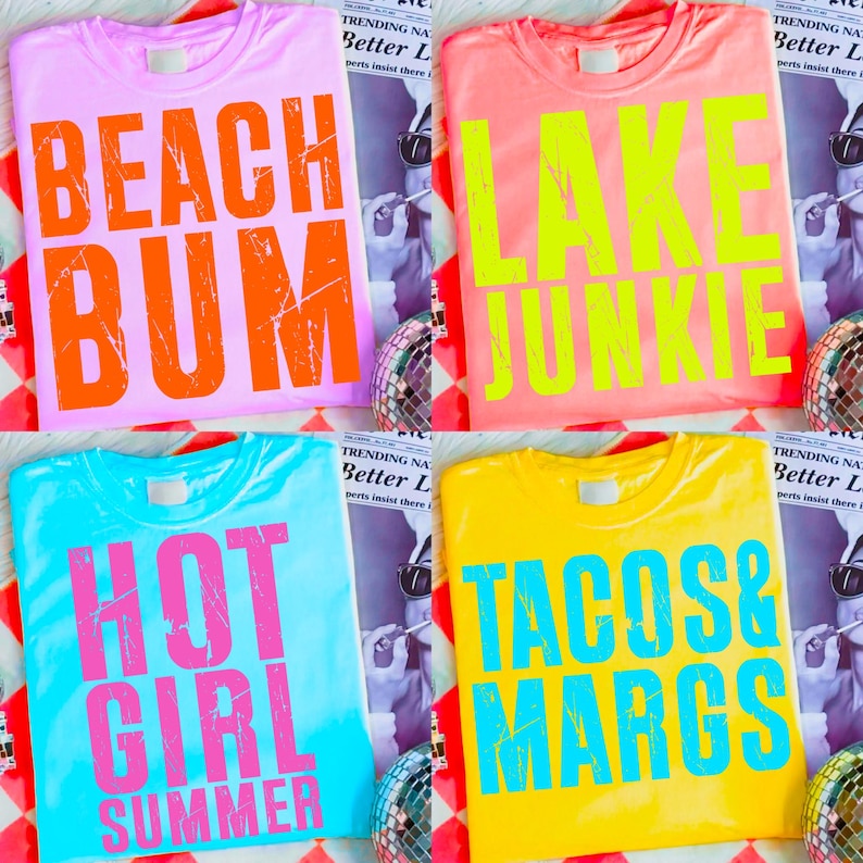 Neon Summer PNG bundle featuring beach life designs like 'Sunshine Beach Life' and ocean elements on a t-shirt mock-up.