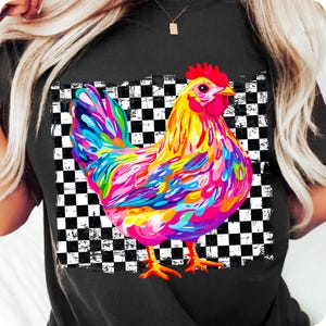 May include: A colorful rooster illustration with a black and white checkered background. The rooster is painted in shades of pink, yellow, blue, and green.