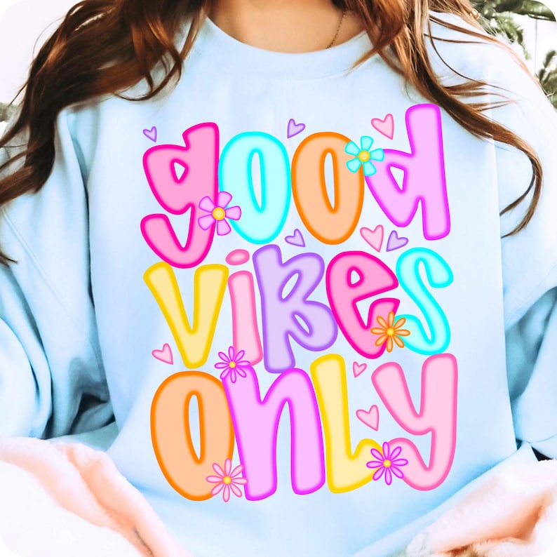 Close-up of Good Vibes Only text with groovy font and checkered details