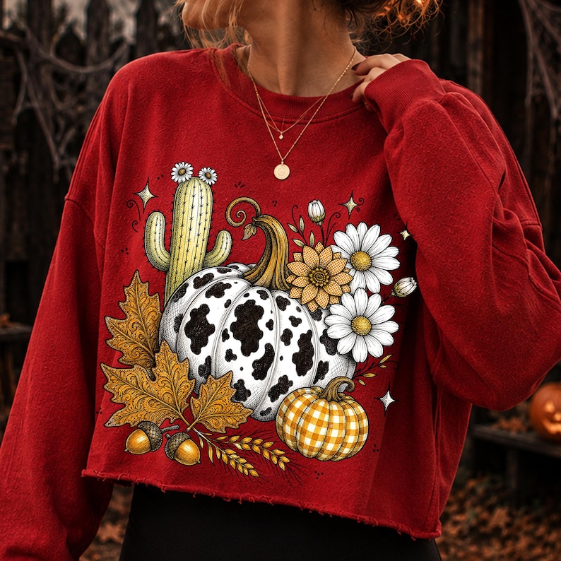 Puede incluir: Una sudadera roja de manga larga con dobladillo sin rematar que presenta un estampado gr&aacute;fico de una calabaza con manchas de vaca, una calabaza de cuadros amarillos, un cactus verde con flores blancas, hojas oto&ntilde;ales y margaritas blancas.