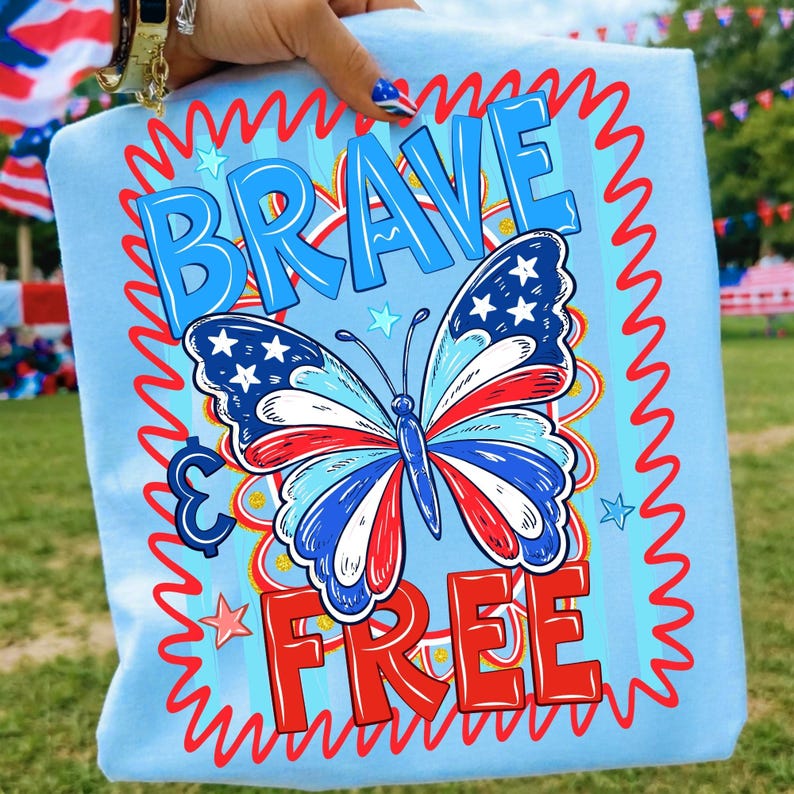 4th of July T-shirt Mockup featuring Brave and Free Butterfly DTF Transfer