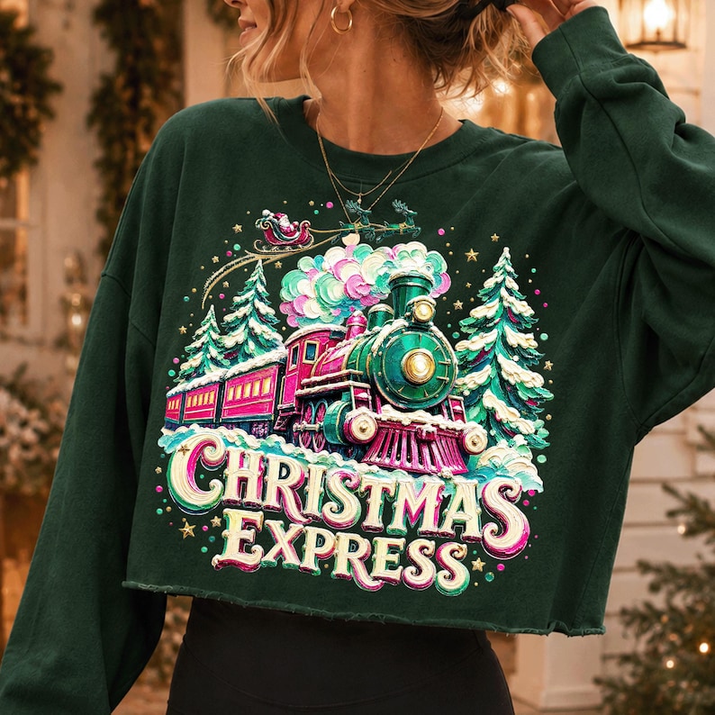 Whimsical Christmas Express Train PNG sublimation design featuring a vintage steam train and Santa flying overhead