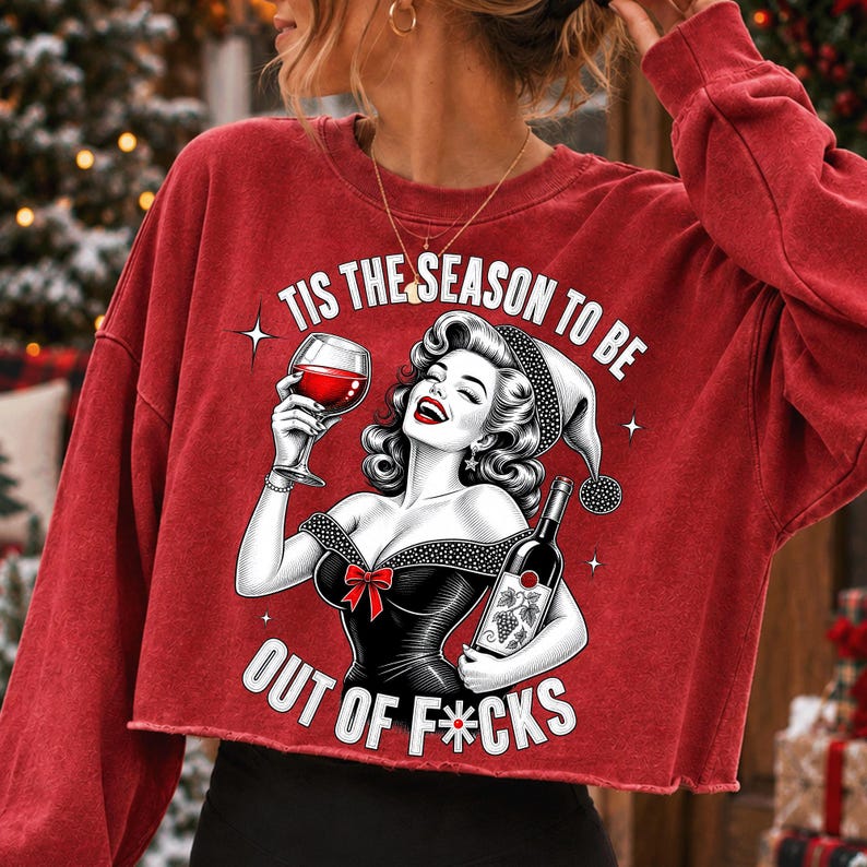 Retro Christmas Woman PNG with Wine and Sarcastic Saying