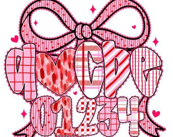 Valentijnsdag alfabet png-letters bundel, cijfers clipart, roze strik hartelementen voor sublimatie knutselen en projecten