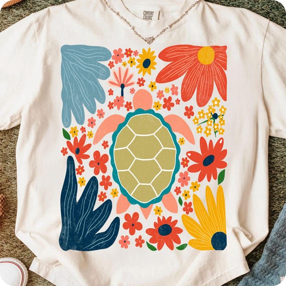 Beachy Boho Turtle Sublimation Design: Floral Ocean Seashell PNG for Summer Vacation Shirts