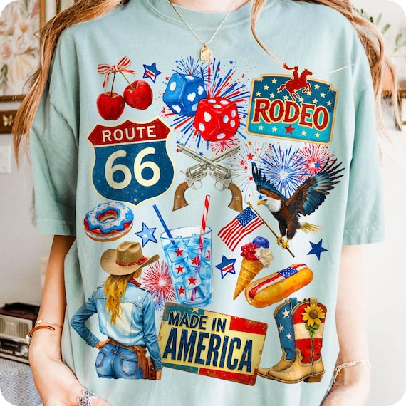 Western Collage 4th of July PNG, Retro Patriotic Sublimation Design, Preppy Coquette USA Shirt Clipart, Vintage Independence Day Art