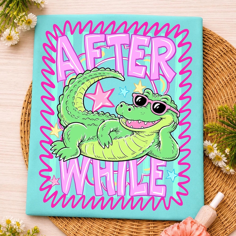 Mockup showing the 'Later Gator' design on a white t-shirt and a 'After While Crocodile' design on a matching mug.