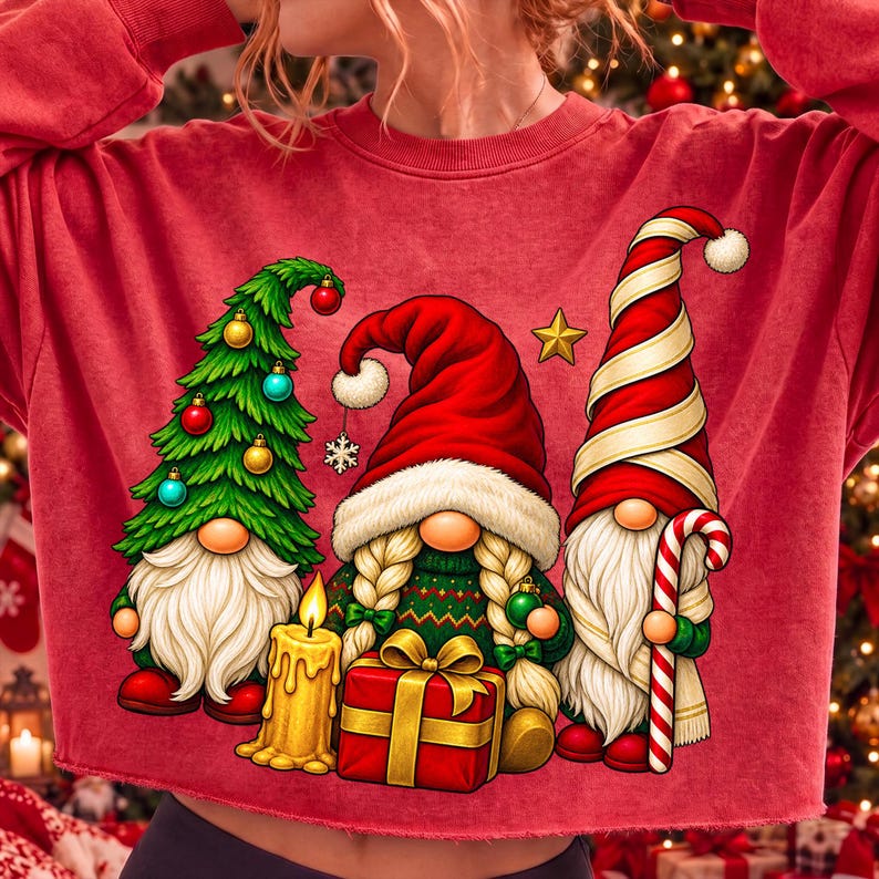 Close-up of Christmas gnomes on a festive sublimation design