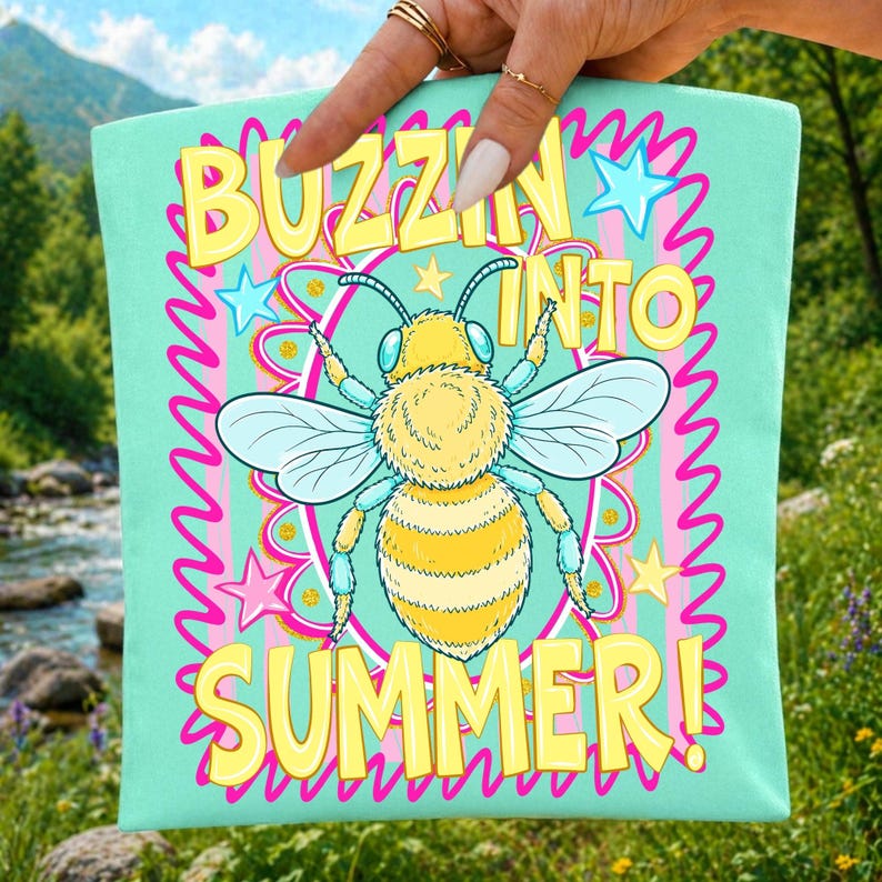 Vibrant 'Buzzin Into Summer' retro bee PNG design on a mock-up t-shirt, showcasing the Y2K aesthetic and faux glitter accents.