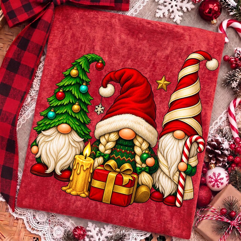 Puede incluir: Un cuadrado de tela roja con una ilustraci&oacute;n impresa de tres gnomos. Un gnomo lleva un gorro de &aacute;rbol de Navidad verde, otro tiene trenzas rubias y un gorro rojo, y el tercero lleva un gorro de rayas rojas y blancas mientras sostiene un bast&oacute;n.