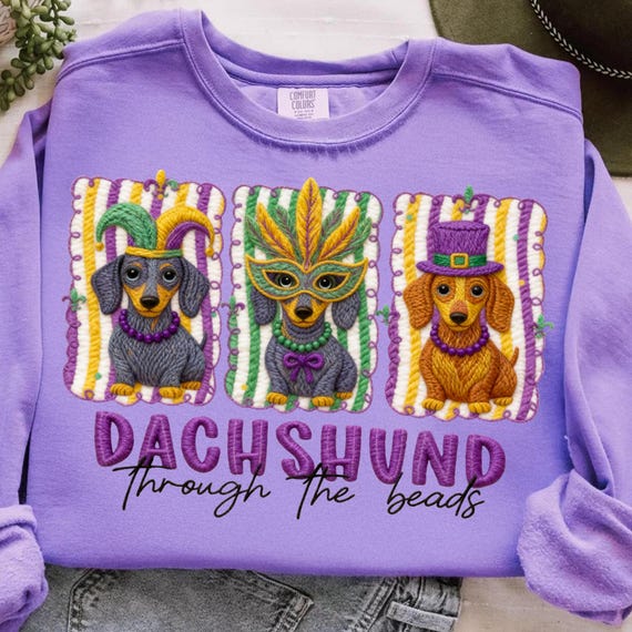 Faux Embroidery Dachshund Mardi Gras PNG for Retro Carnival Dog Mom Shirts, Preppy Parade Art, Wiener Dog Masquerade Print, NOLA Pet Design