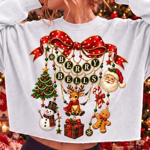 Christmas Charm Bow PNG, Berry Bells Sublimation, Vintage Santa Reindeer Snowman Shirt Design, Coquette Christmas Digital Download