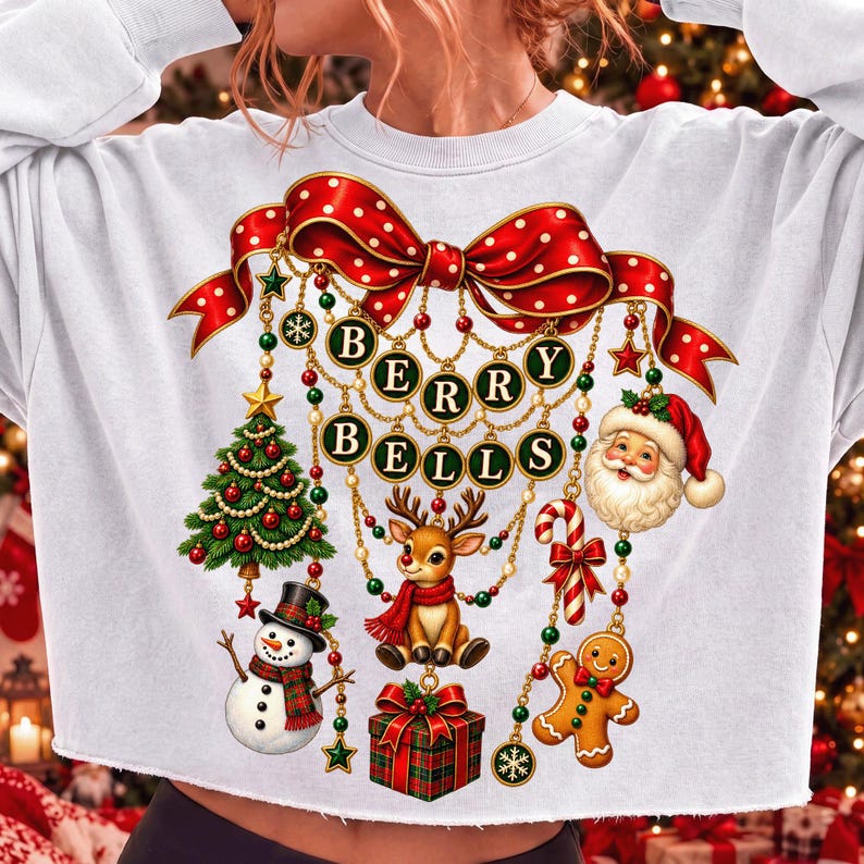 Christmas Charm Bow PNG, Berry Bells Sublimation, Vintage Santa Reindeer Snowman Shirt Design, Coquette Christmas Digital Download