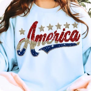 Faux Rhinestone America PNG, Coquette 4th of July Design, Red White Blue Girly USA Sublimation, Patriotic Memorial Day Shirt PNG