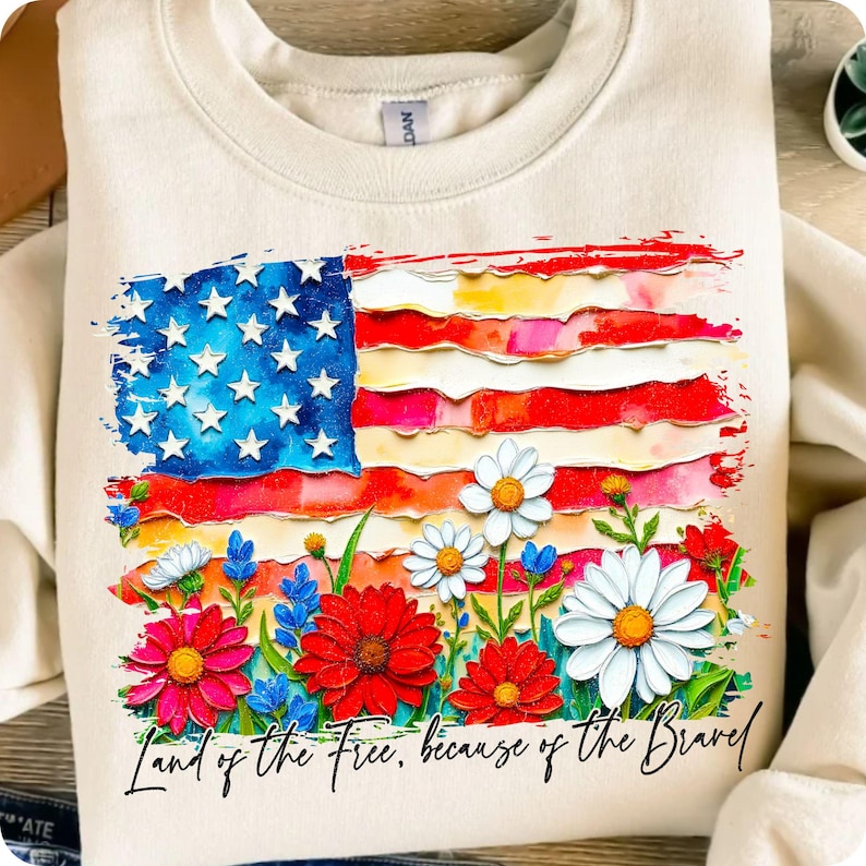 Floral American Flag PNG, USA Patriotic Wildflower Sublimation, 4th of July Memorial Day Design, Girly Oil Paint Brushstroke Flag