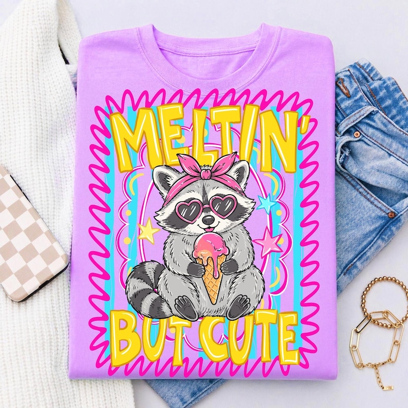 Rolig tvättbjörnsglass PNG, smältande men söt sommardesign, preppy trash panda sublimeringsgrafik, retro vilddjur DTF digital nedladdning bild 8