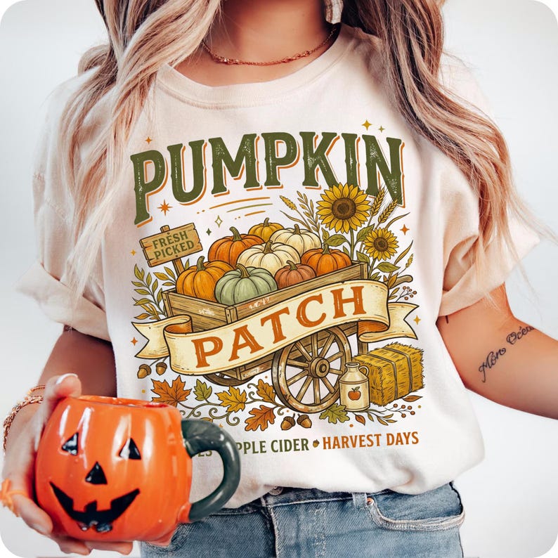 Puede incluir: Una camiseta color crema con un gr&aacute;fico de un carro de madera lleno de calabazas, girasoles y trigo. El texto dice PUMPKIN PATCH, FRESH PICKED, APPLE CIDER y HARVEST DAYS. En primer plano se sostiene una taza de calabaza de color naranja.