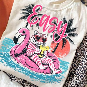 Easy Tiger PNG Digital Design Pink Flamingo Float Summer Beach Coastal Preppy Shirt Sublimation Design DTF Transfer Graphic Retro Sunset