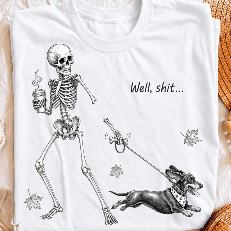 Funny skeleton dachshund coffee lover shirt design digital download on white t-shirt mockup
