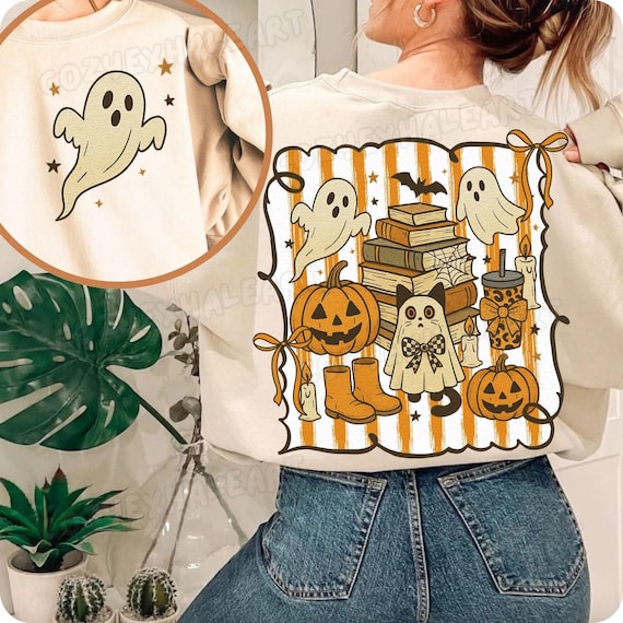 Spooky Halloween Ghost Reading on Black Cat Bookshelf - Digital Art PNG Download